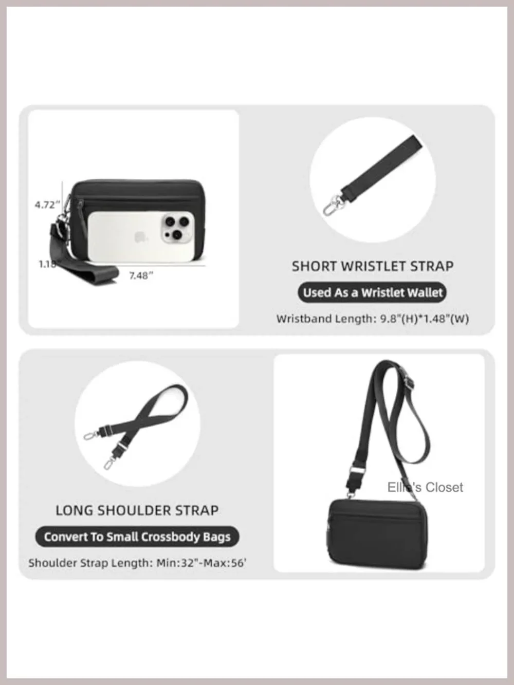 Nylon RFID Wristlet Crossbody Bag 4 Zippers Adjustable Strap